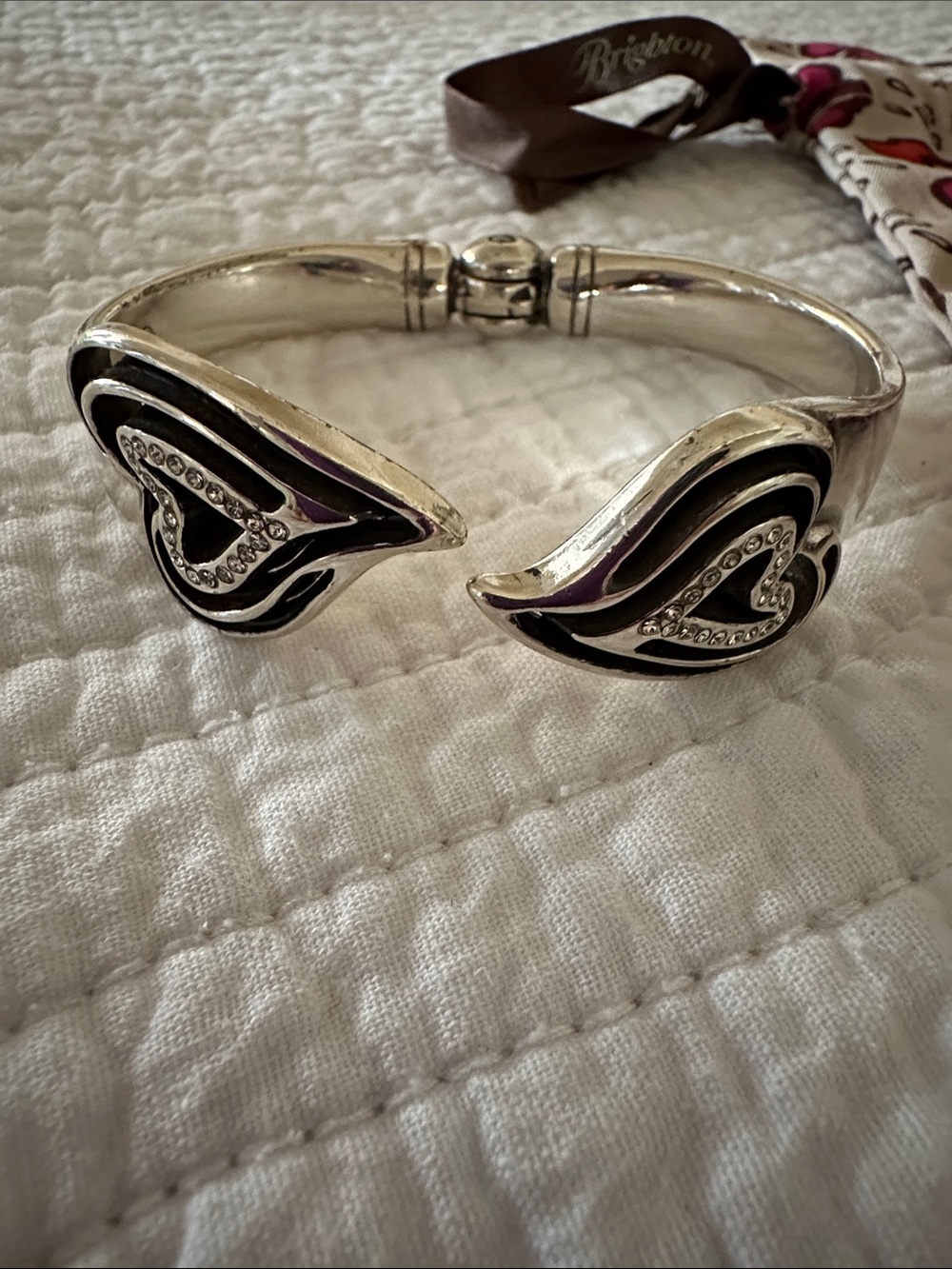 Brighton Silver-Tone Cuff Bracelet with Black Enamel and Crystal Hearts
